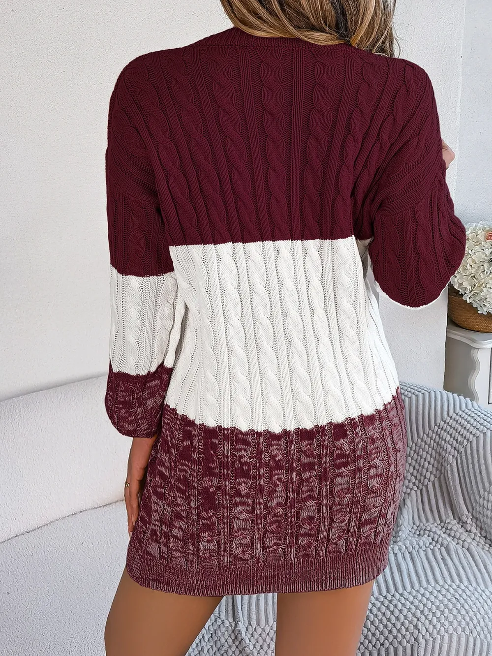 Cable-Knit Round Neck Color Block Sweater Dress, image 14