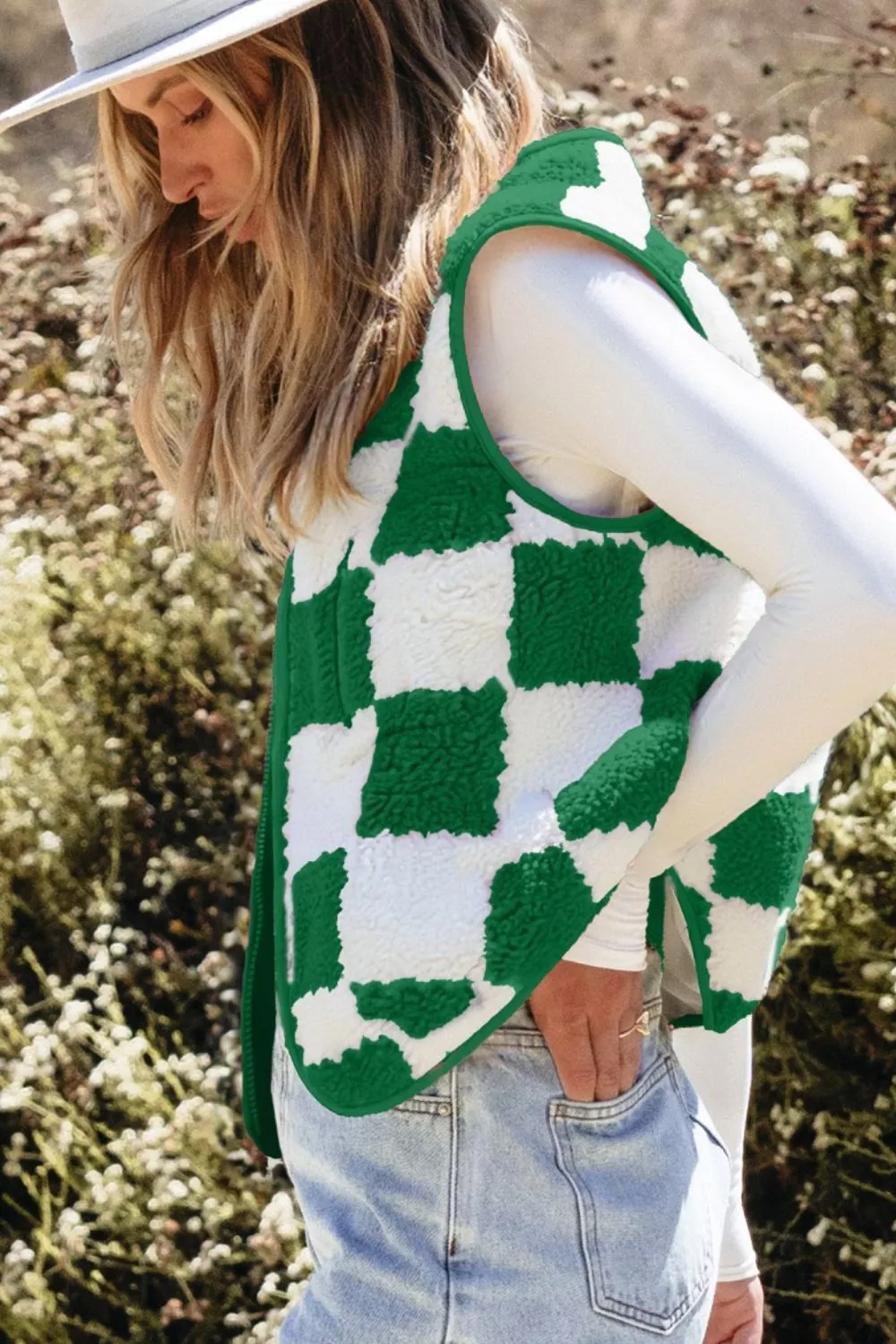 Checkerboard Fleece Sherpa Vest Coat, image 3