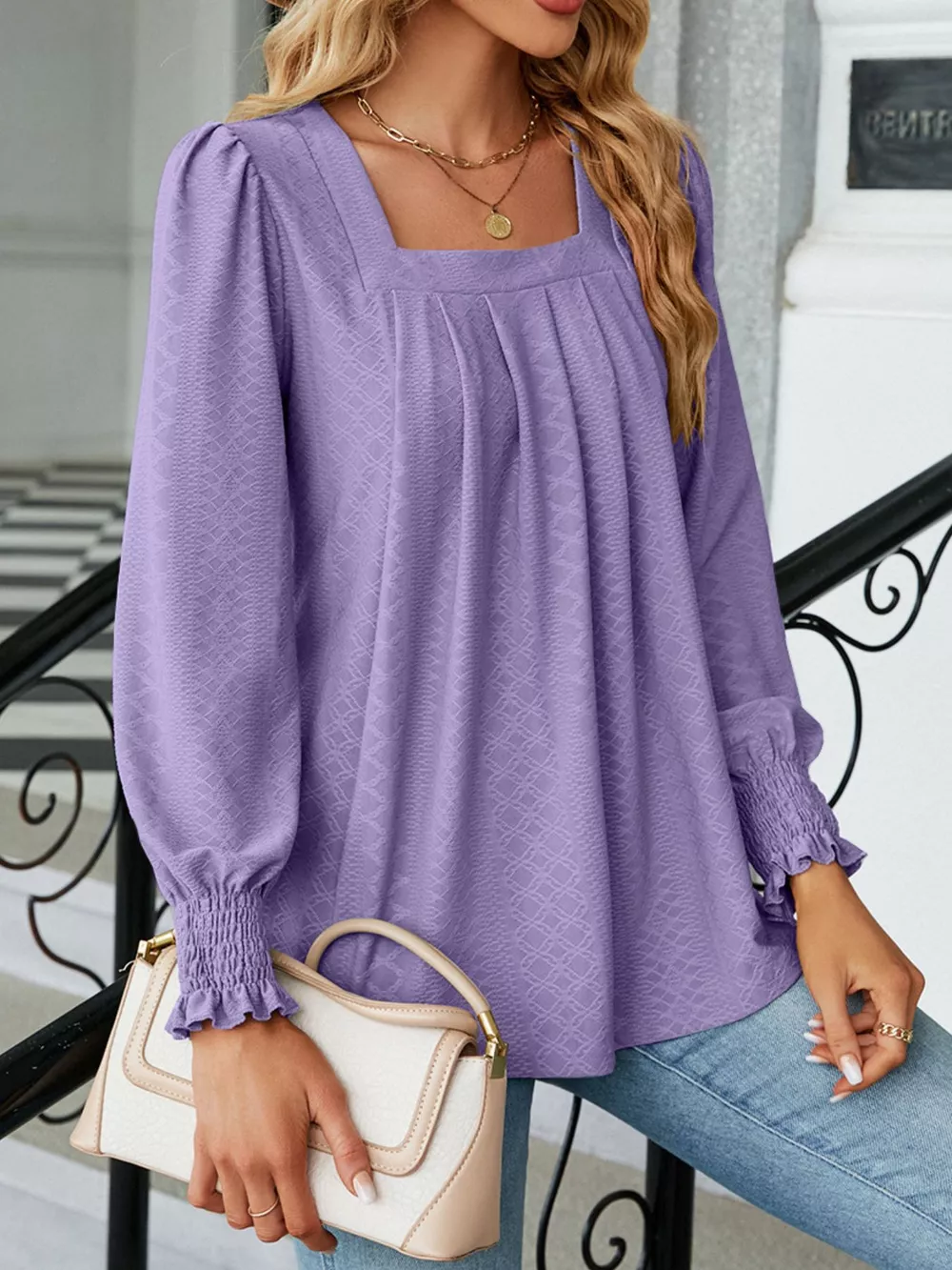 Pleated Square Neck Long Sleeve Top, image 25