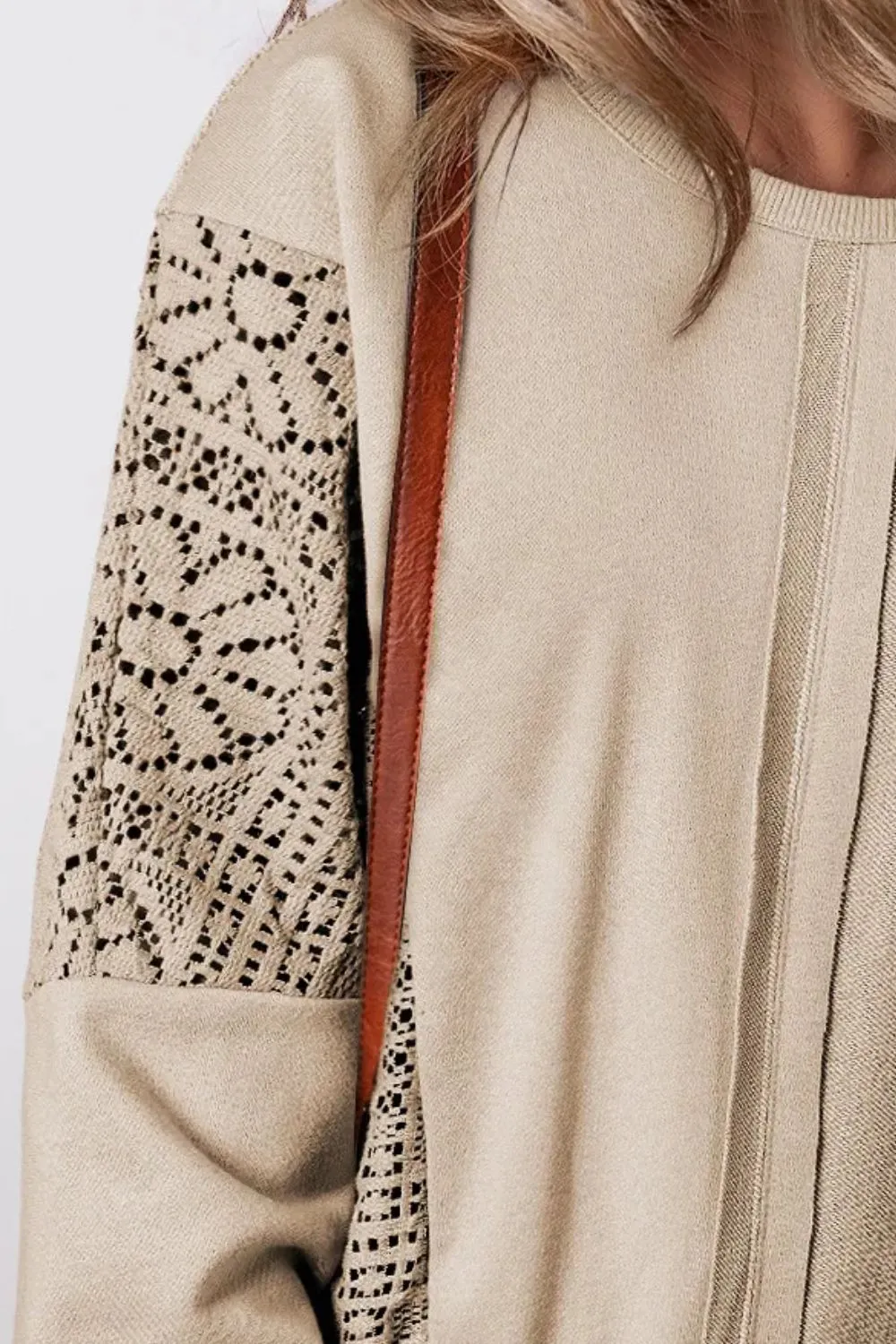 Openwork Round Neck Long Sleeve Sweatshirt, image 3