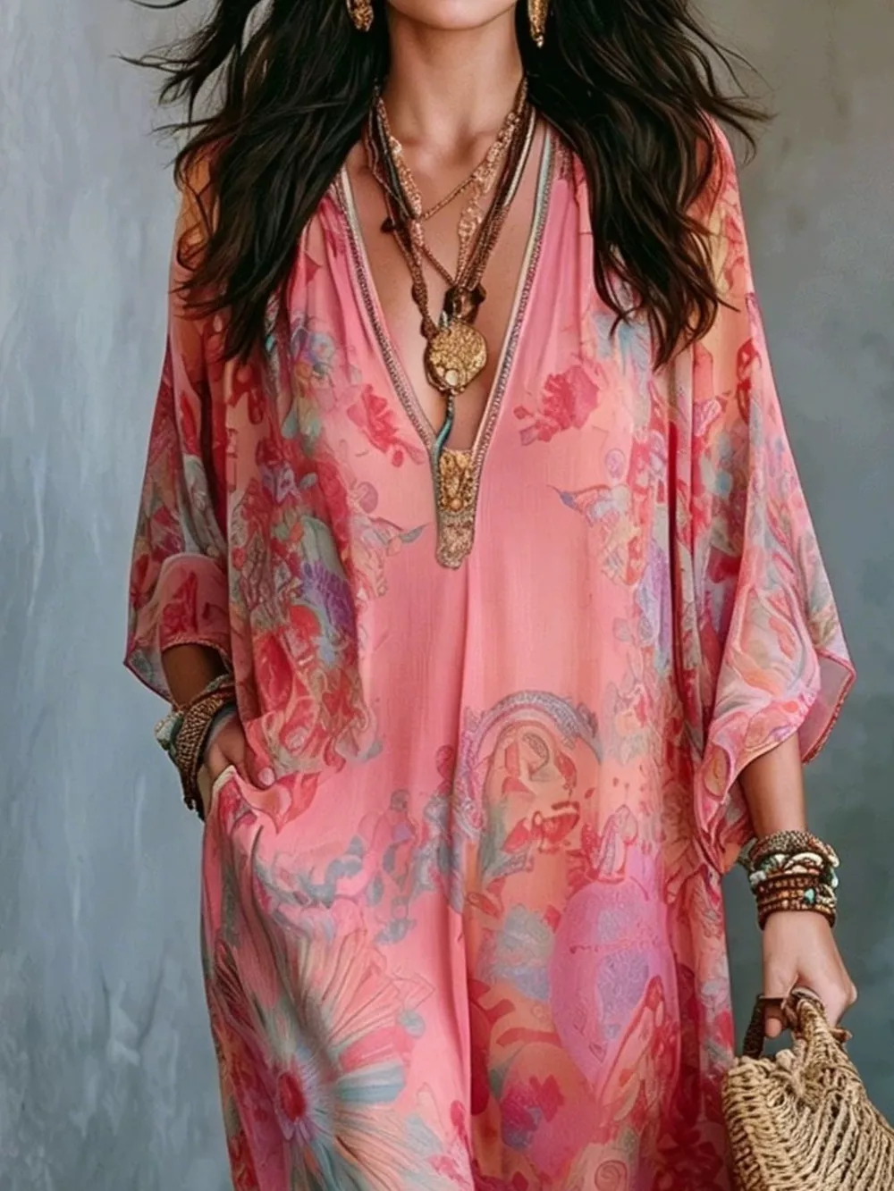 Full Size Floral Print V-Neck Maxi Dress Plus Size, image 7