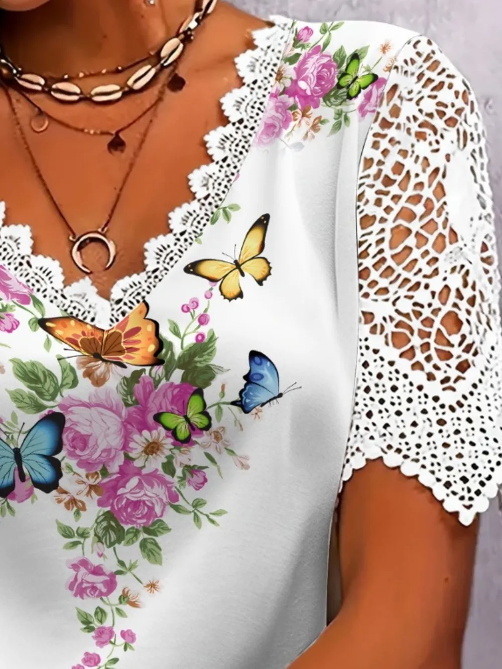 Full Size Printed Lace Sleeve V-Neck T-Shirt Plus Size, image 7