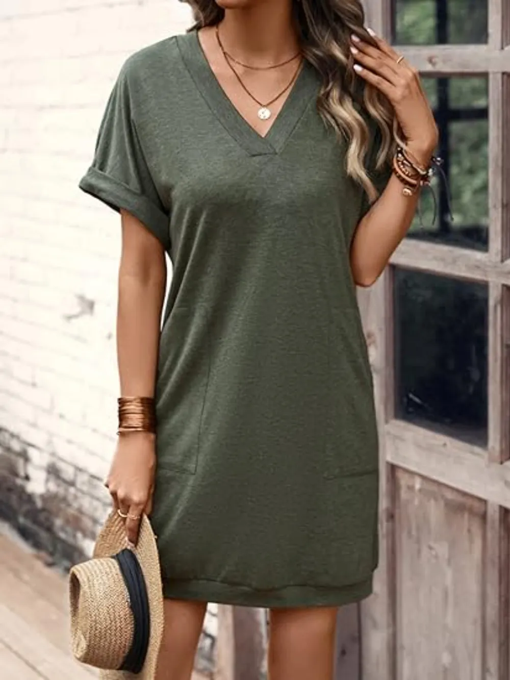 V-Neck Short Sleeve Mini Tee Dress, image 7
