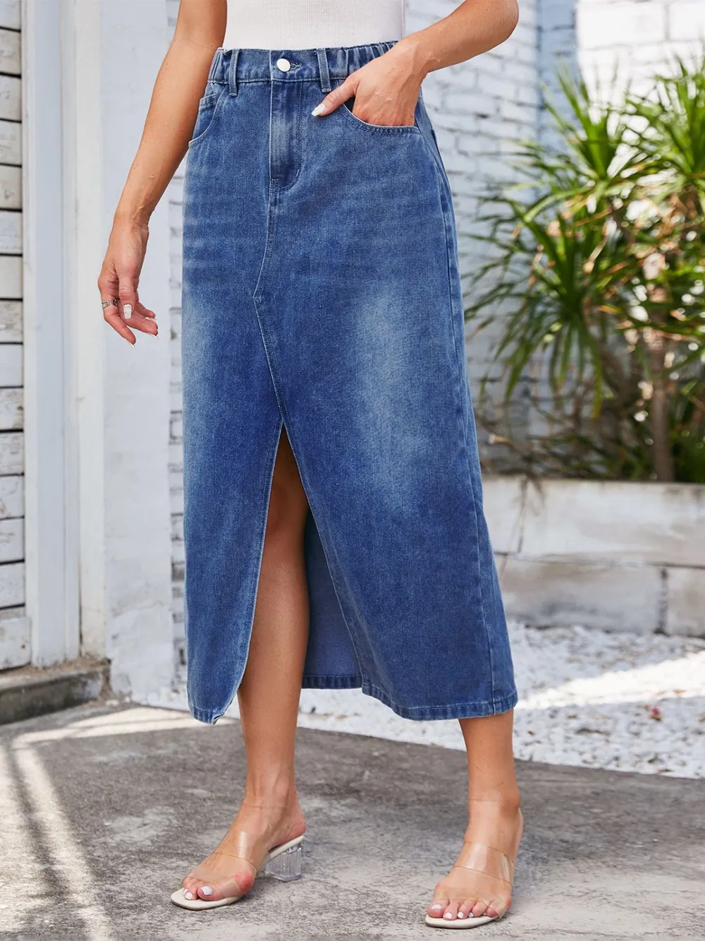 Slit Midi Denim Skirt with Pockets, image 11
