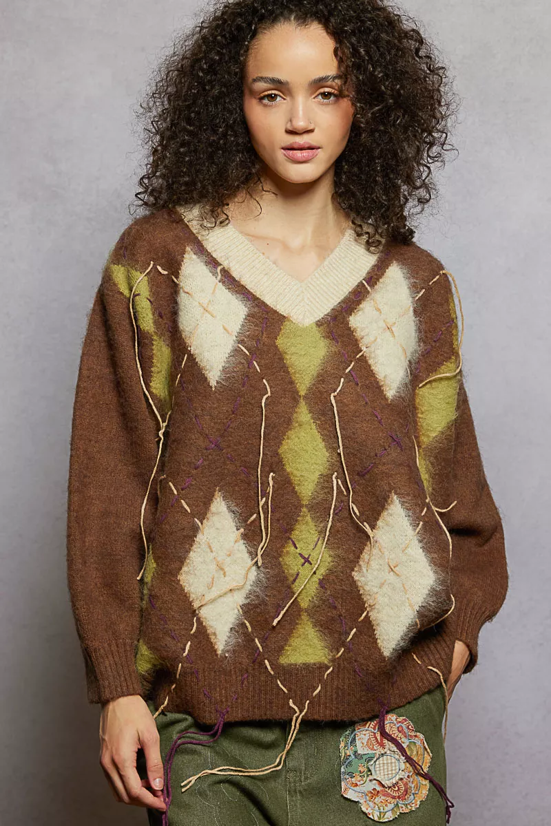 V-Neck Argyle Pattern Mohair Sweater with Contrast Exposed Stitch Detail