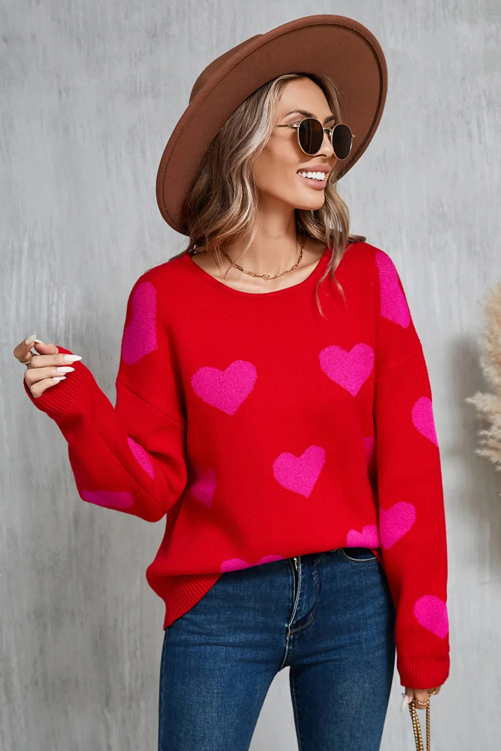 Heart Round Neck Dropped Shoulder Sweater, image 9
