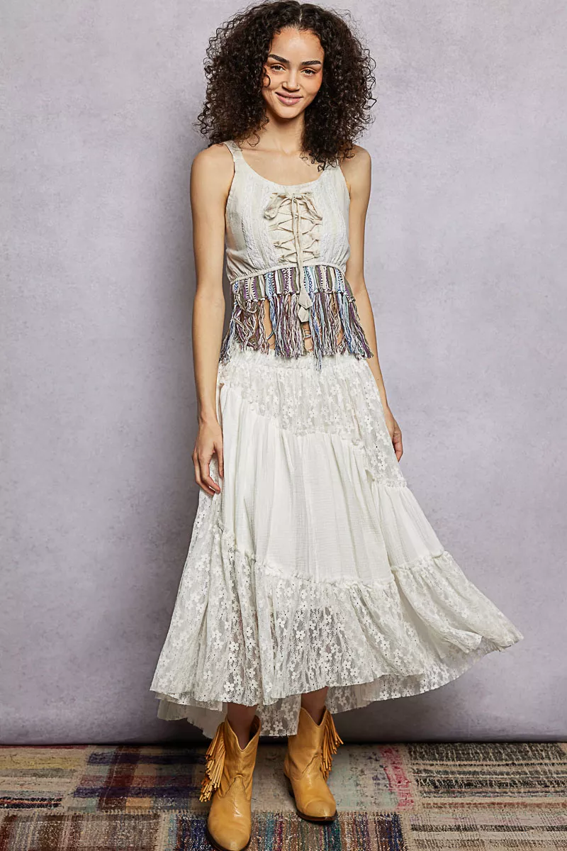 Lace-Up Fringe Hem Tank with Lace Detail, image 5