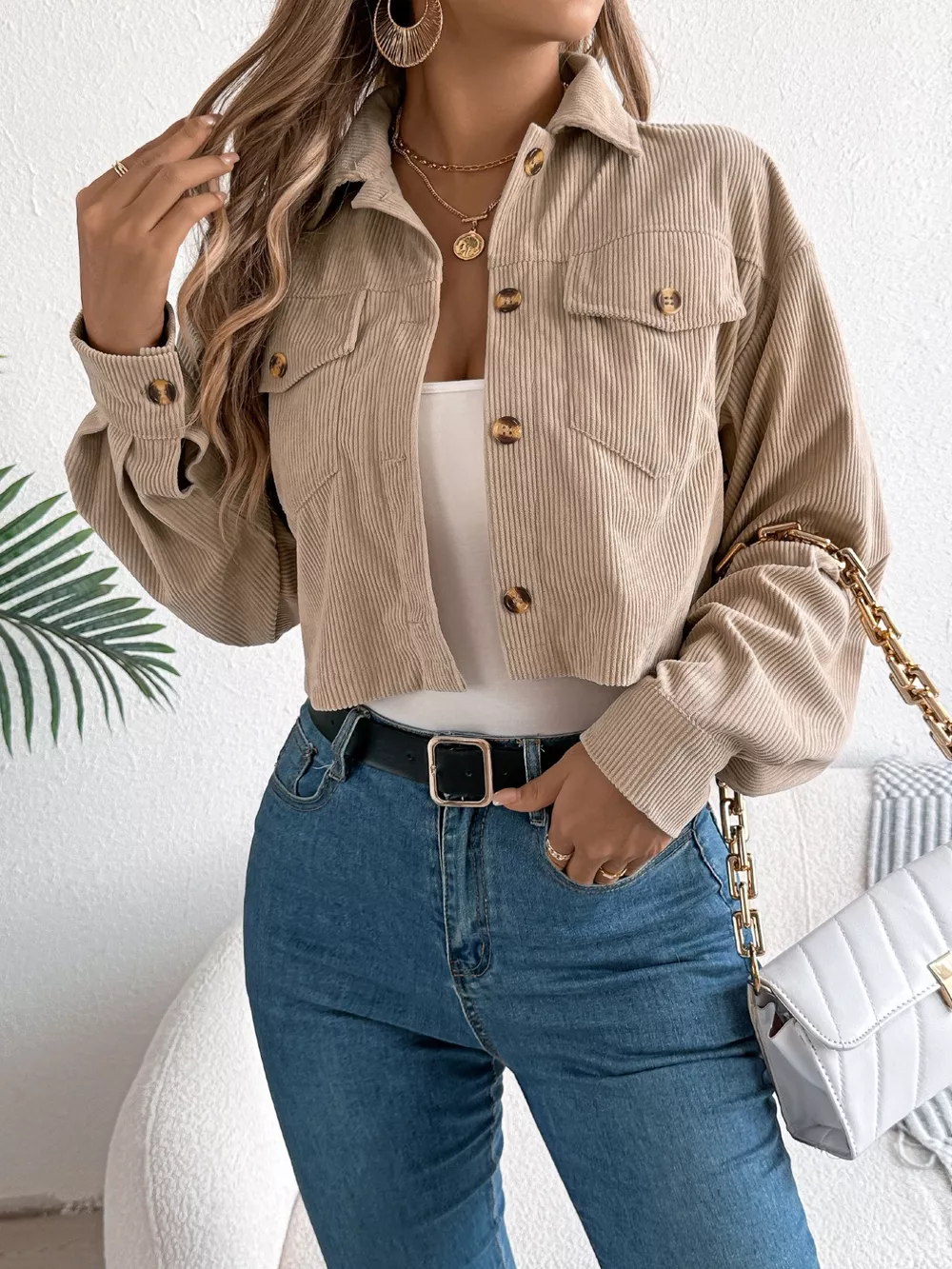 Corduroy Button-Up Dropped Shoulder Jacket, image 12