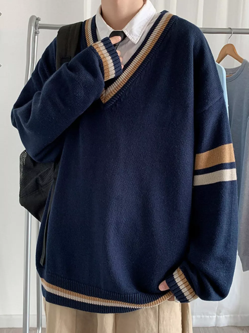 Men's Contrast Striped Long Sleeve Sweater, image 5