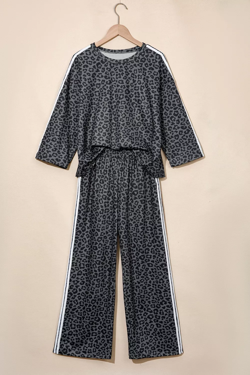 Leopard Print Varsity Striped Detail 3/4 Sleeve Top Shift Pant Set, image 3