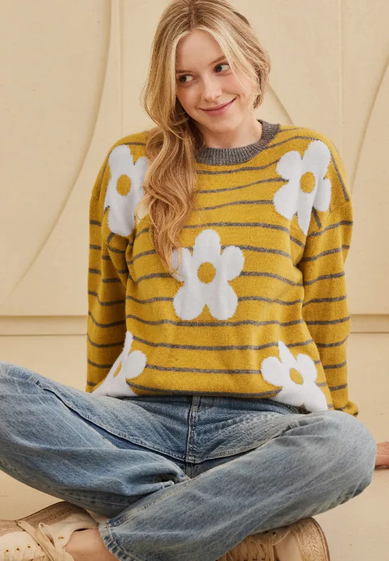 Flower Stripe Round Neck Long Sleeve Sweater, image 8