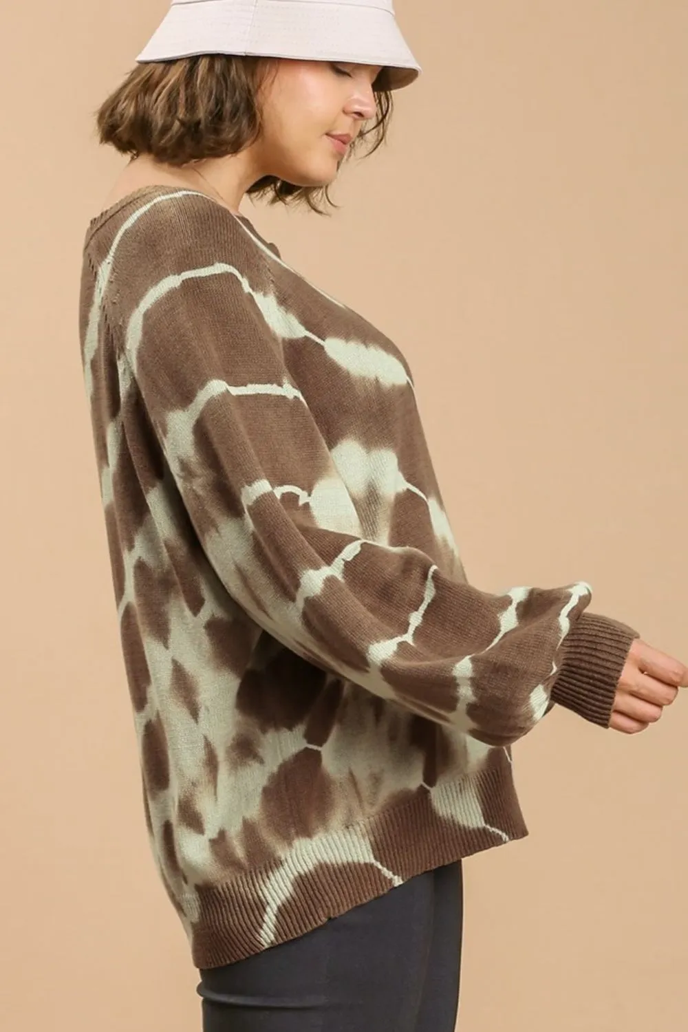 Full Size Ribbed Hem Tie Dye Round Neck Sweater Plus Size, image 6