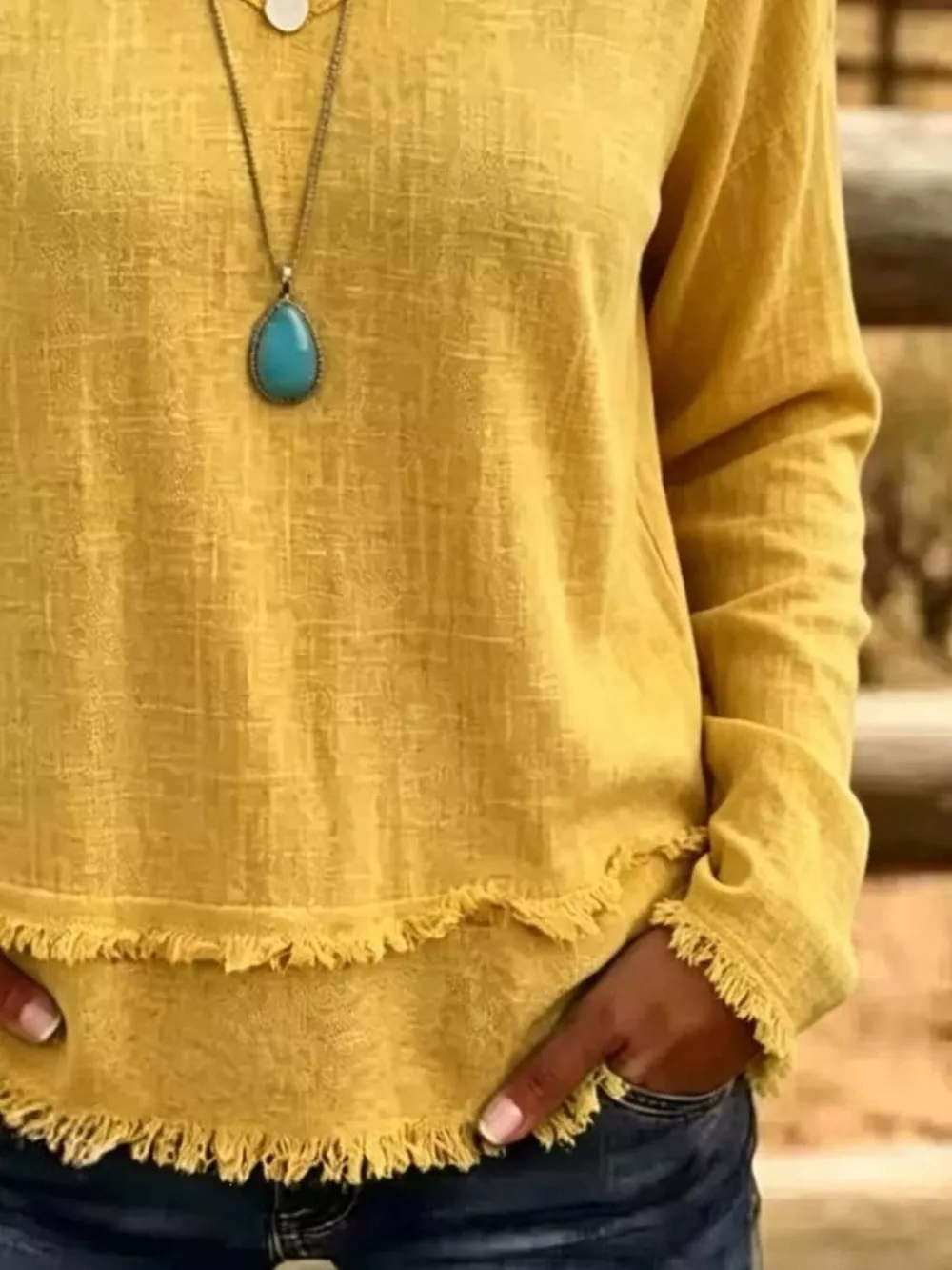 V-Neck Long Sleeve Blouse with Frayed Hem Detail, image 22