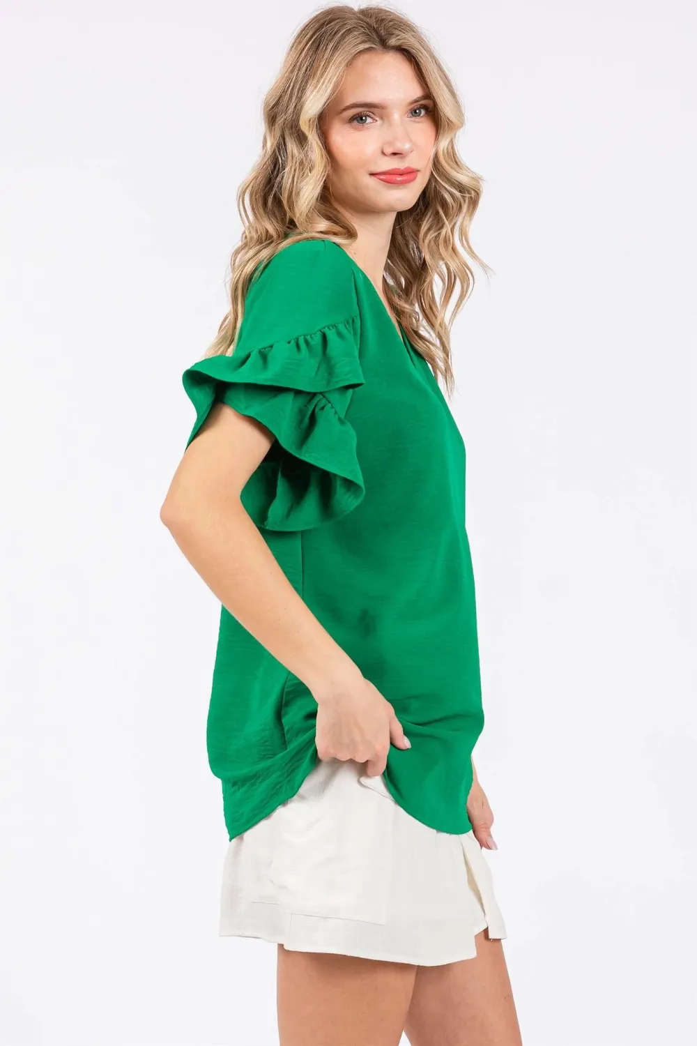 Ruffled Short Sleeve V-Neck Blouse, image 3