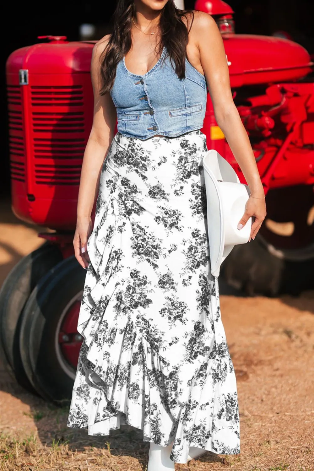 Boho Floral High Waist Ruffle Split Maxi Skirt, image 9