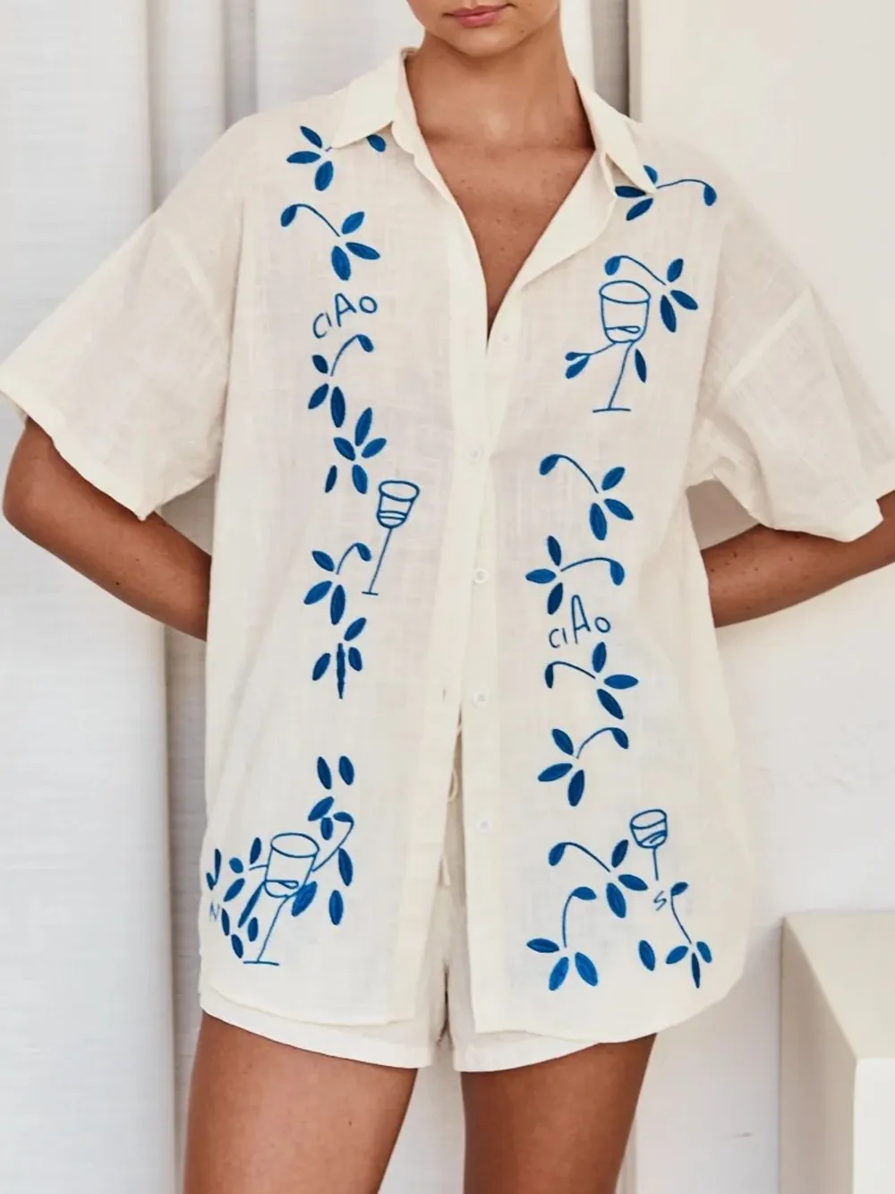 Embroidered Button Up Half Sleeve Top and Shorts Set, image 6