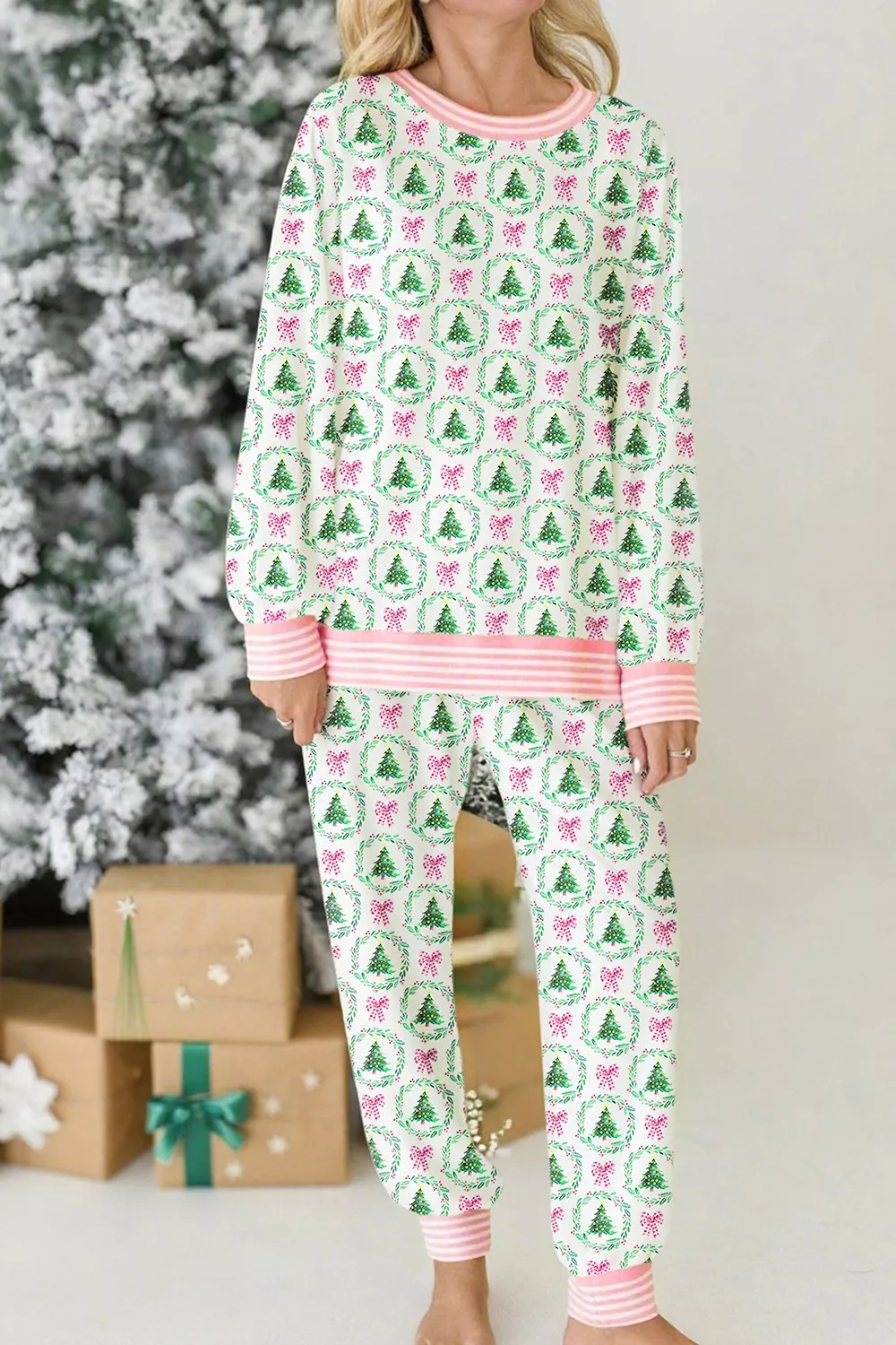 Christmas Tree Print Contrast Striped Banding 2pcs Lounge Set