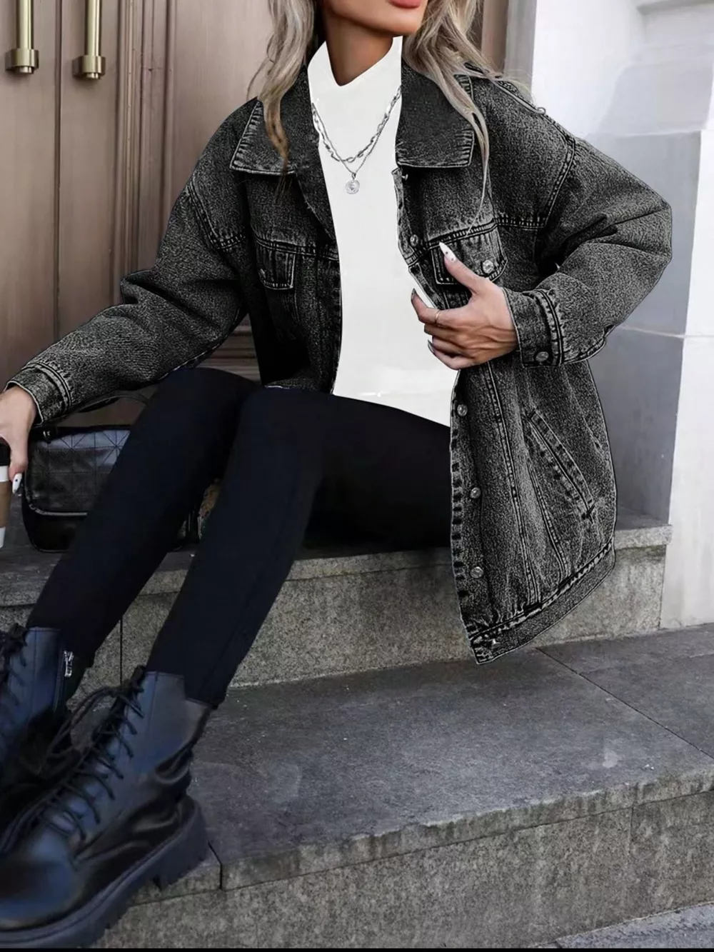 Washed Button Up Oversized Denim Jacket, image 8