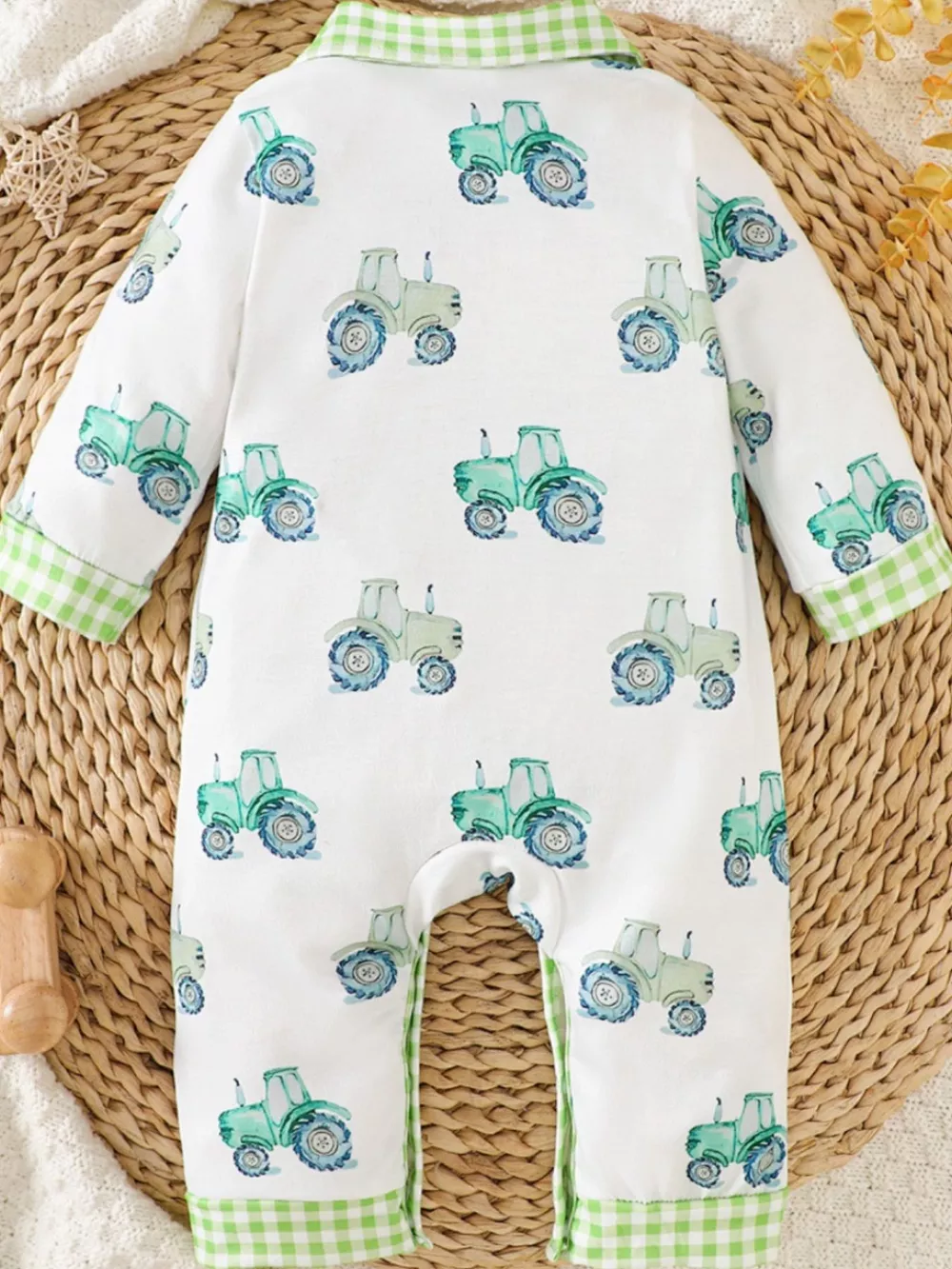 Children's Tractor Print Gingham Trim Baby One-Piece, image 5