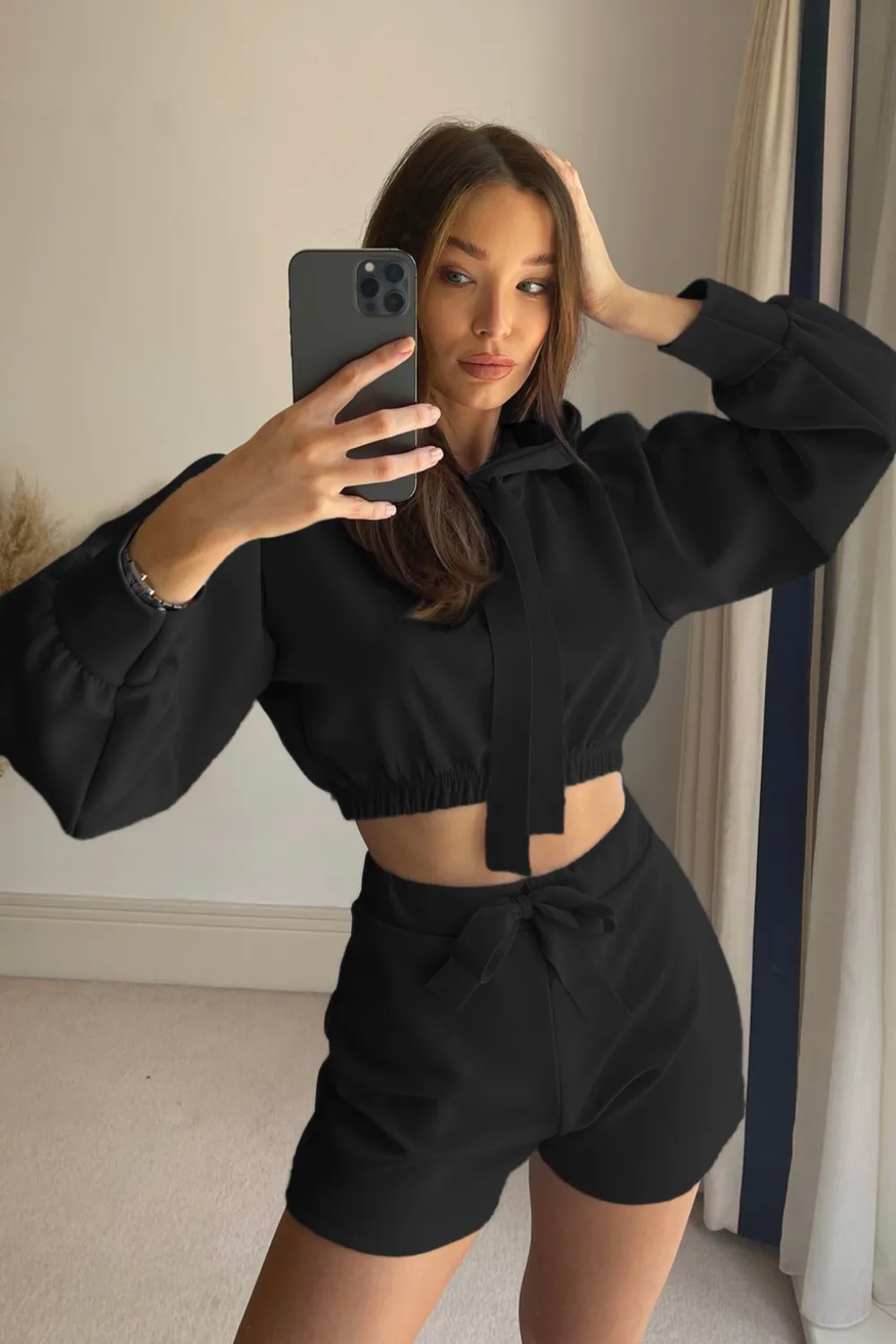 Drawstring Long Sleeve Hooded Top and Shorts Set, image 12