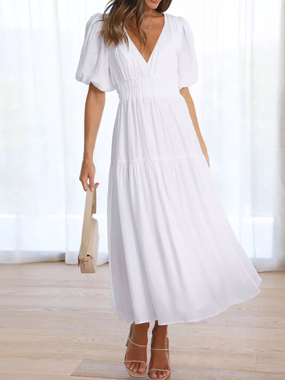 Elegant Puff Sleeve V-Neck Midi Dress, image 20