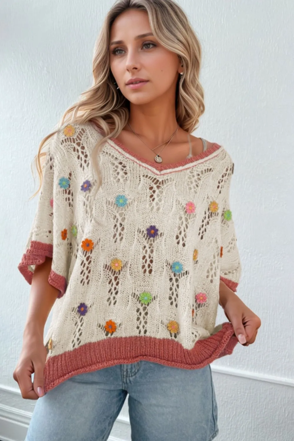 Openwork Flower Half Sleeve Knit Top, image 3