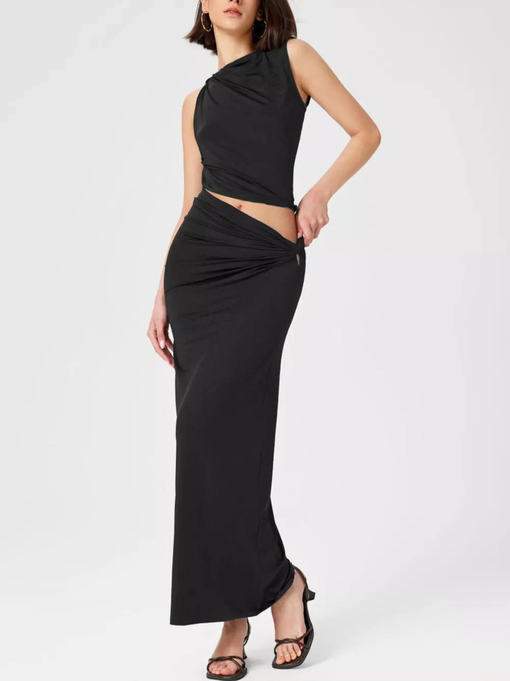 Asymmetrical Ruched Knit Top and Skirt Set, image 11