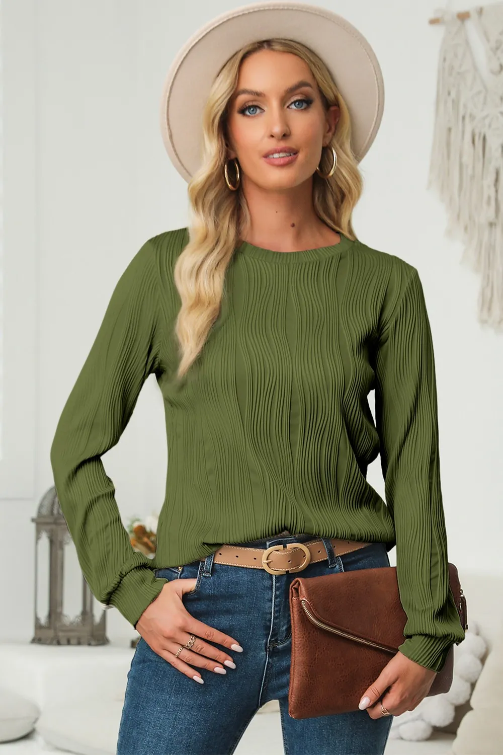 Textured Round Neck Long Sleeve Blouse, image 15