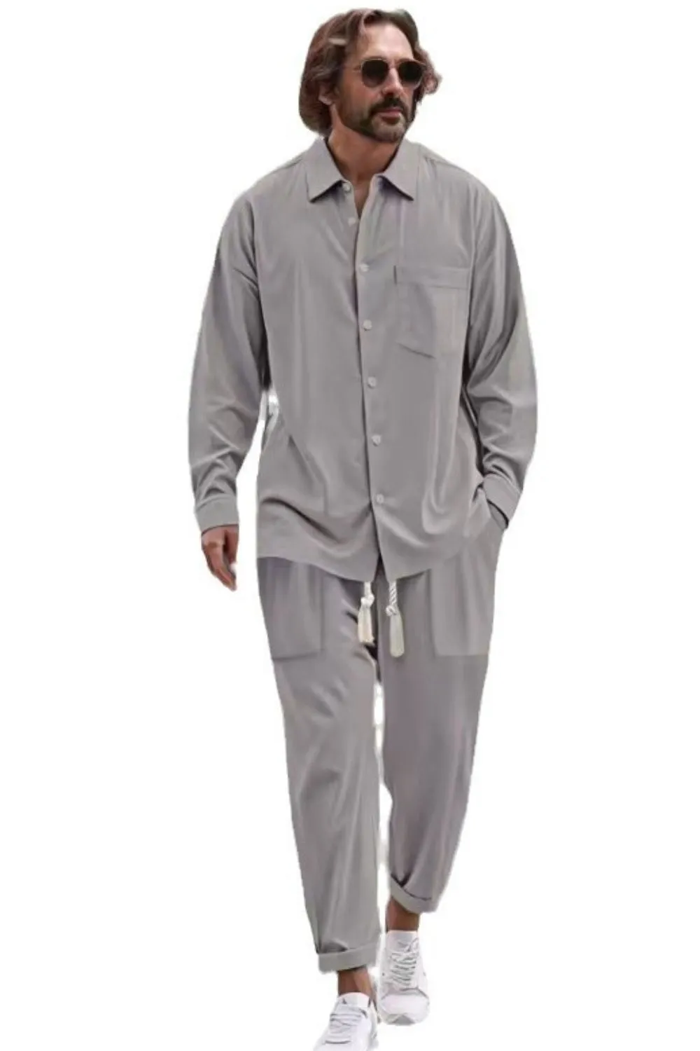 Men's Collared Neck Long Sleeve Top and Pants Set Plus Size, image 7