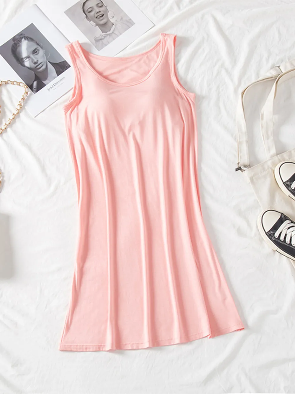 Round Neck Wide Strap Mini Tank Dress with Bra, image 3