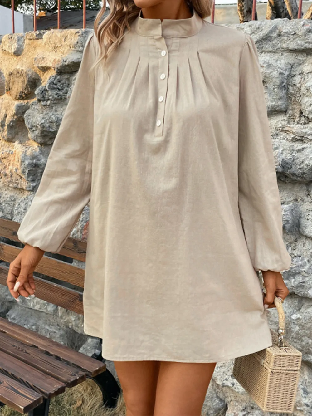 Half Button Mock Neck Long Sleeve Mini Shirt Dress, image 4
