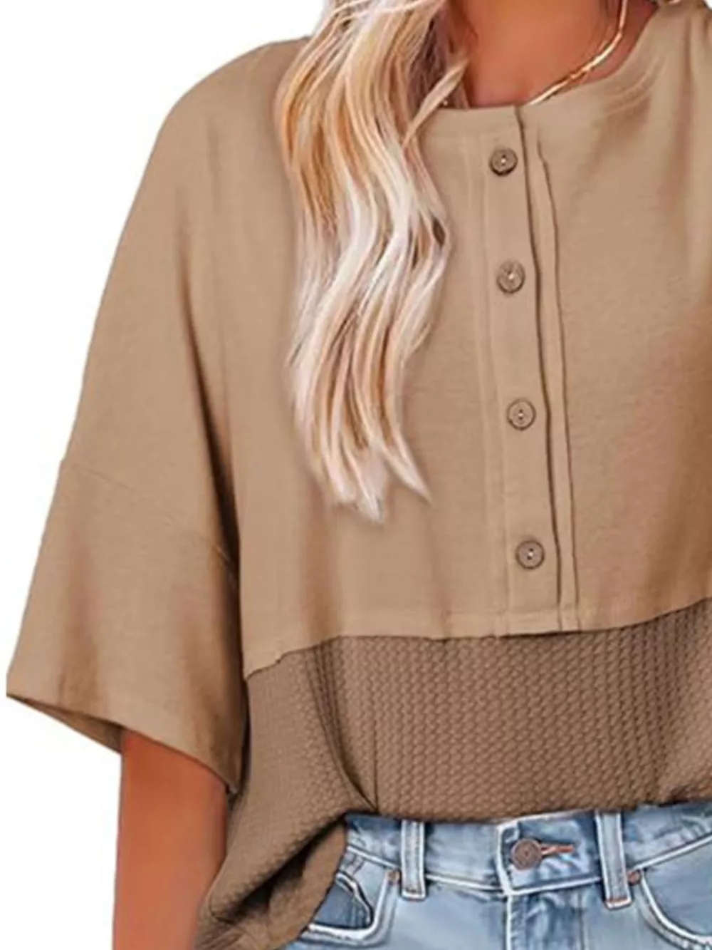 Button Detail Texture Knit T-Shirt, image 17