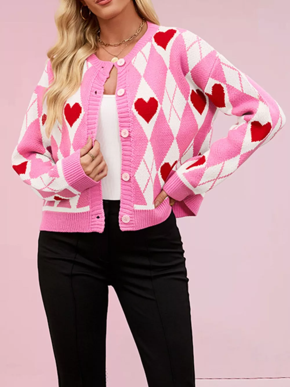 Argyle Heart Pattern Button-Up Knit Cardigan, image 4