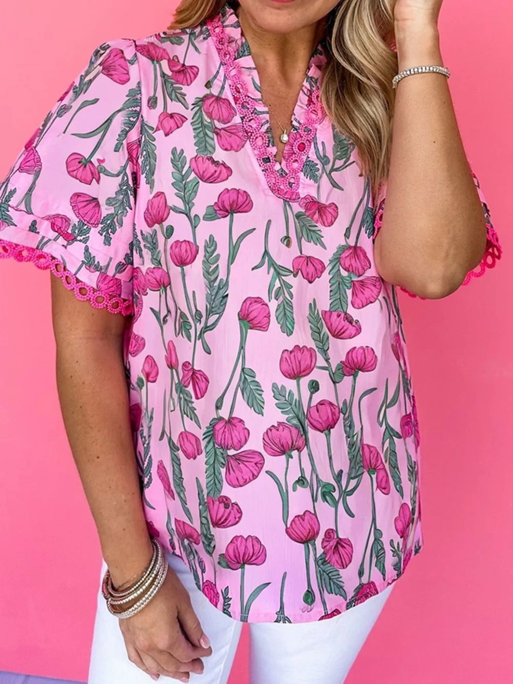 Floral Notched Short Sleeve Blouse, image 3