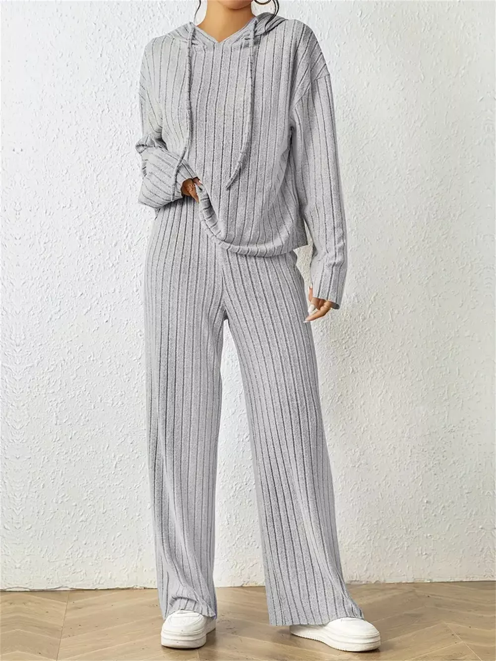 Ribbed Drawstring Hoodie and Pants Set, image 2