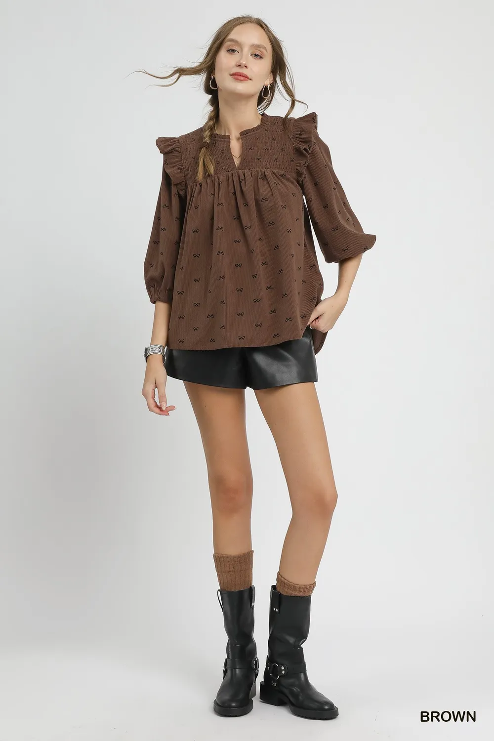 Bow Print Corduroy Puff Sleeve Blouse with Ruffled, image 5