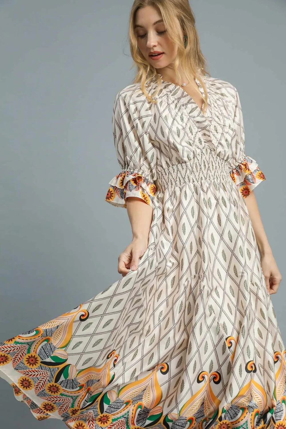 Printed Smocked Waist Flounce Sleeve Midi Dress, image 2