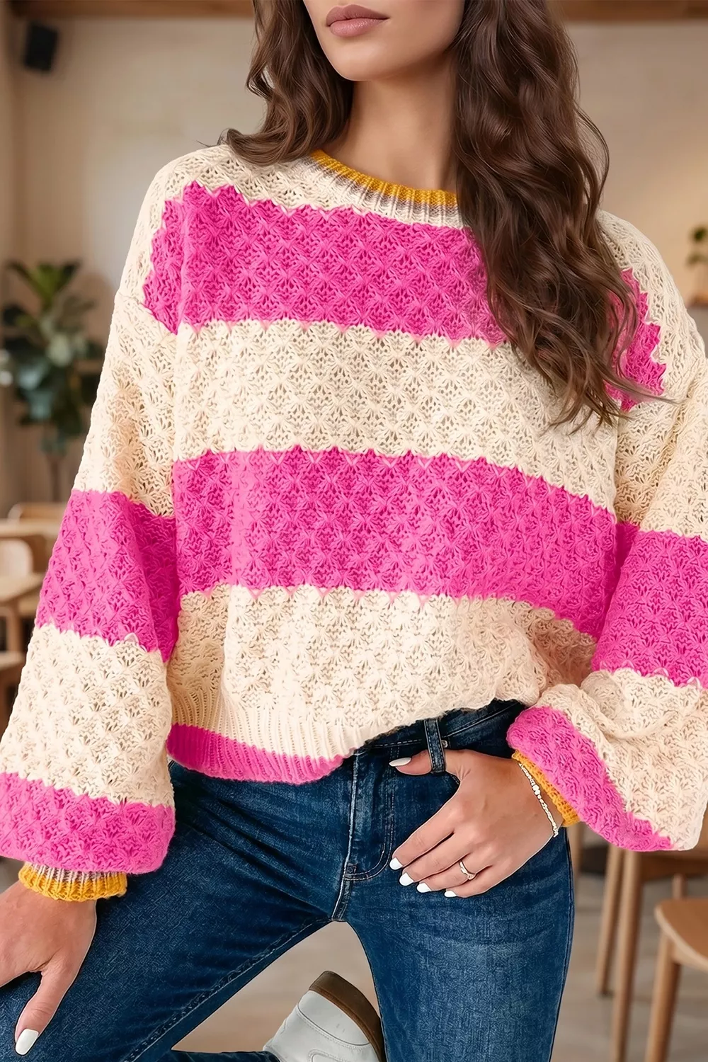 Stripe Striped Colorblock Texture Drop Shoulder Sweater, image 3