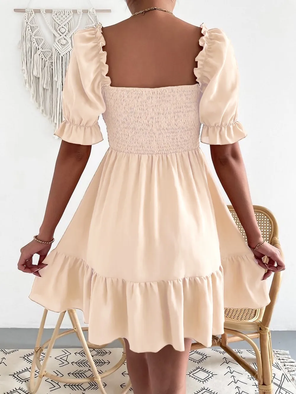 Smocked Square Neck Short Sleeve Dress, image 7