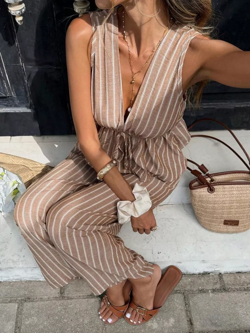 Striped Sleeveless Top and Wide Leg Pants Set, image 4