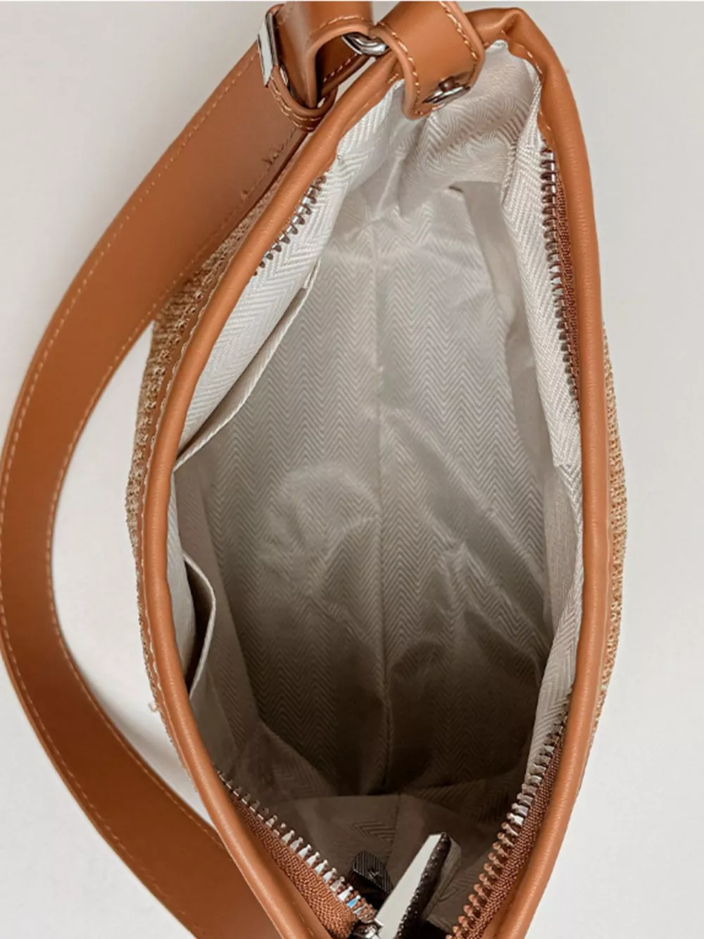 Straw Crossbody Bag with Leather Trim and Tassel Charm, image 5