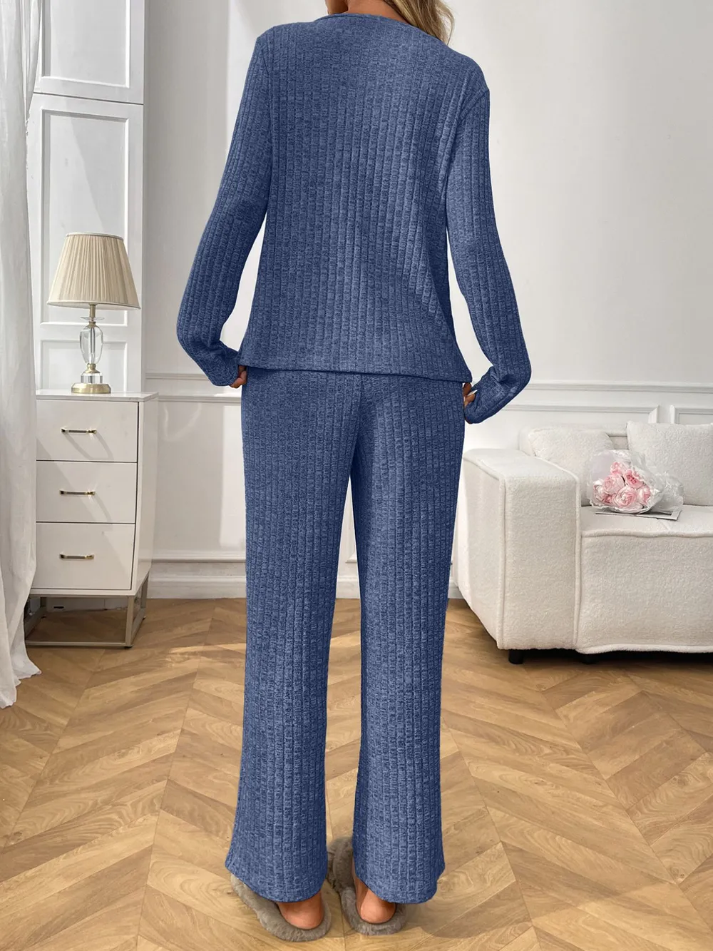 Ribbed Long Sleeve Top and Pants Lounge Set, image 6