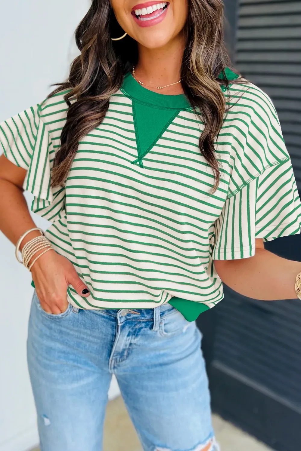 Striped Flounce Sleeve Casual Blouse, image 12