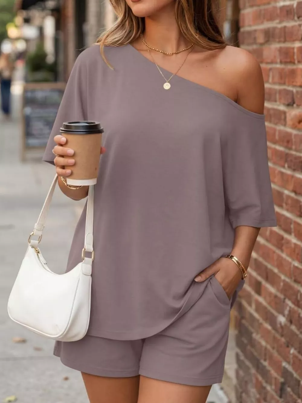 One-Shoulder Short Sleeve Top and Shorts Set, image 13