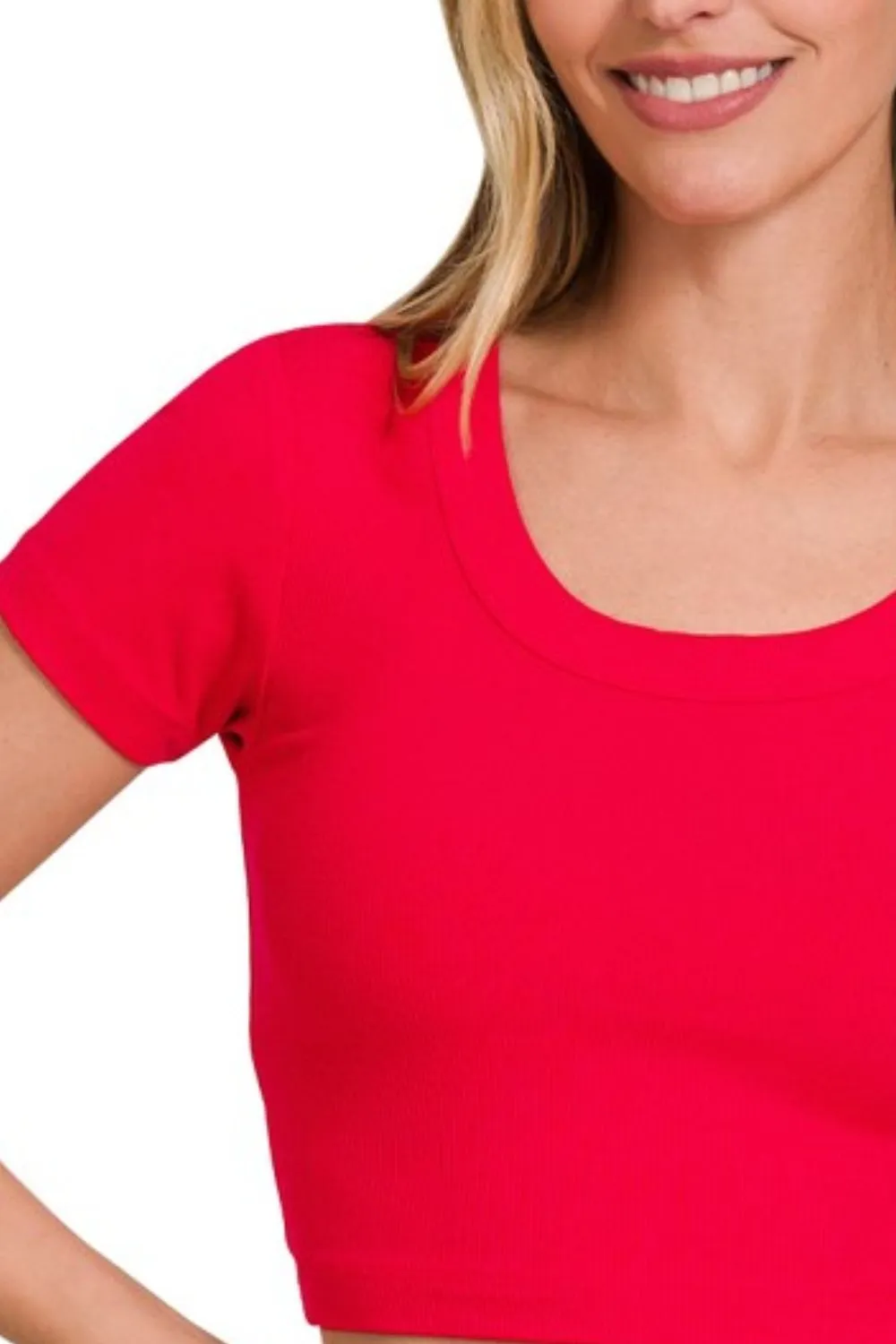 Ribbed Scoop Neck Crop Short Sleeve Top, image 2
