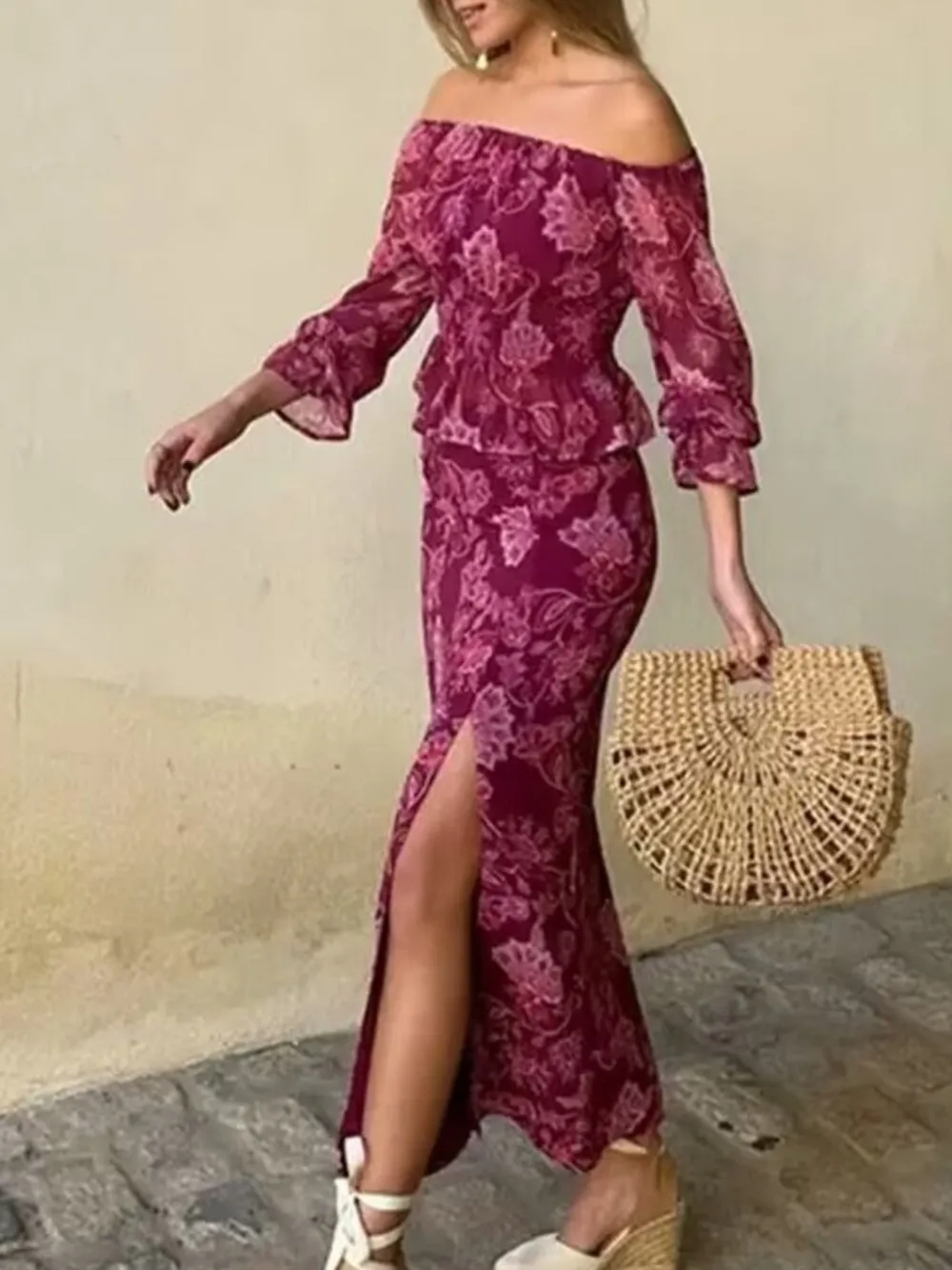 Printed Flounce Sleeve Top and Slit Skirt Set, image 3
