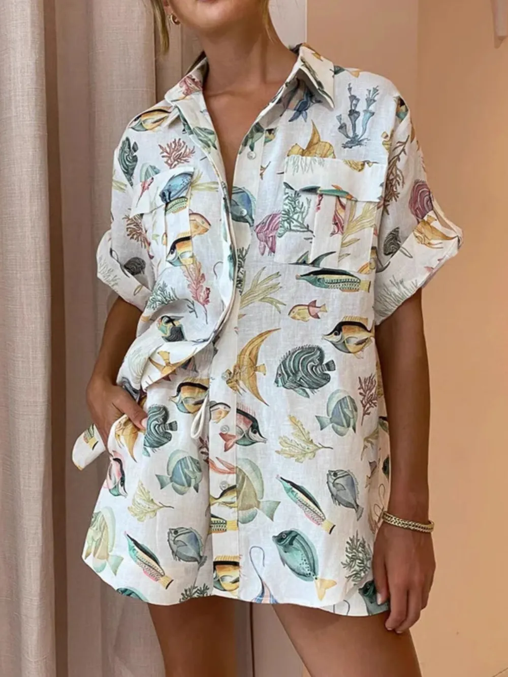 Printed Button Up Shirt and Shorts Set