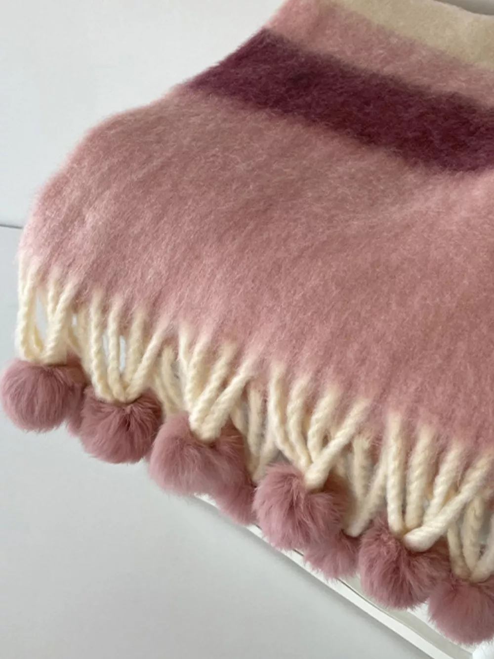Rainbow Striped Fuzzy Scarf with Pom-Poms, image 5