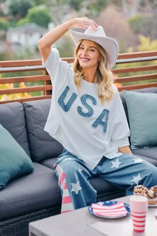 4th Of July Usa Letter Patchwork French Terry Top, image 10