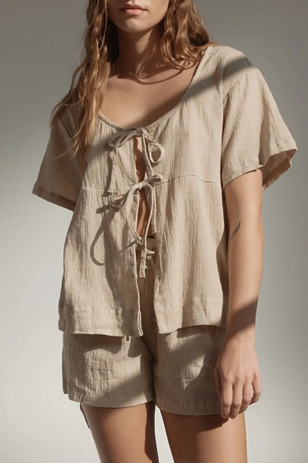 Plaid Tied Scoop Neck Short Sleeve Top and Drawstring Shorts Set, image 14